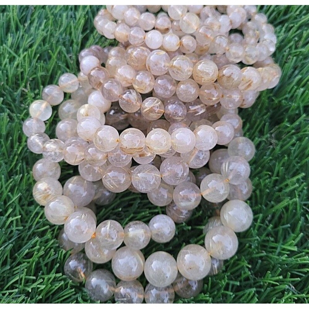 natural gold rutilated quartz bracelet 12mm round bead gemstone Stretchy